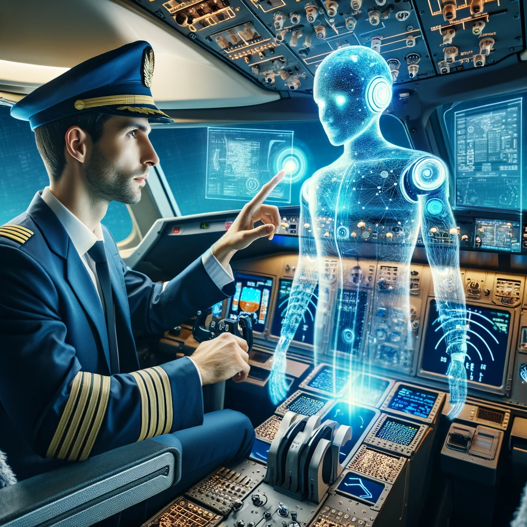 Ein Airline-Pilot arbeitet mit einem virtuellen KI-Assistenten im Cockpit eines modernen Flugzeugs zusammen. Der Pilot ist in einer typischen Uniform mit Streifen gekleidet.