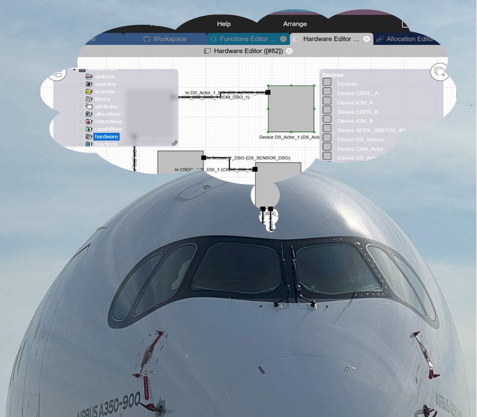 Frontansicht eines Flugzeugs mit Denkblase darüber